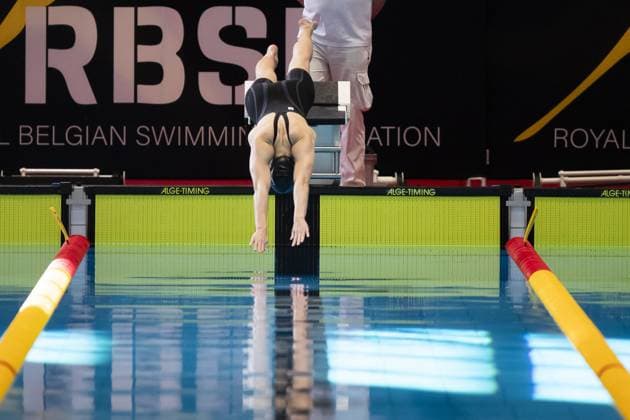 Belgian Florine Gaspard pictured in action during the women s 50m breaststroke at the Belgian Swimming Championships, Sunday 21 April 2024 in Antwerp. KRISTOFxVANxACCOM  x91385797x
