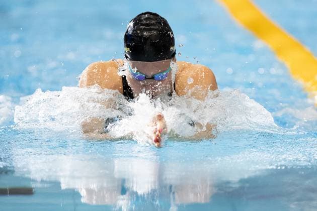 Belgian Florine Gaspard pictured in action during the women s 50m breaststroke at the Belgian Swimming Championships, Sunday 21 April 2024 in Antwerp. KRISTOFxVANxACCOM  x91413864x