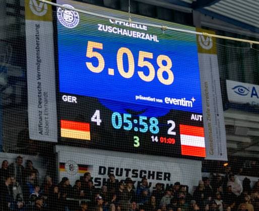 The scoreboard with the official number of spectators GER, Germany vs. Austria, ice hockey, test match, World Cup preparation 2024, 25 04 2024 GER, Germany vs. Austria, ice hockey, test match, World Cup preparation 2024, 25 04 2024 Garmisch Partenkirchen Copyright: xEibner-Pressefoto FranzxFeinerx EP_HFR