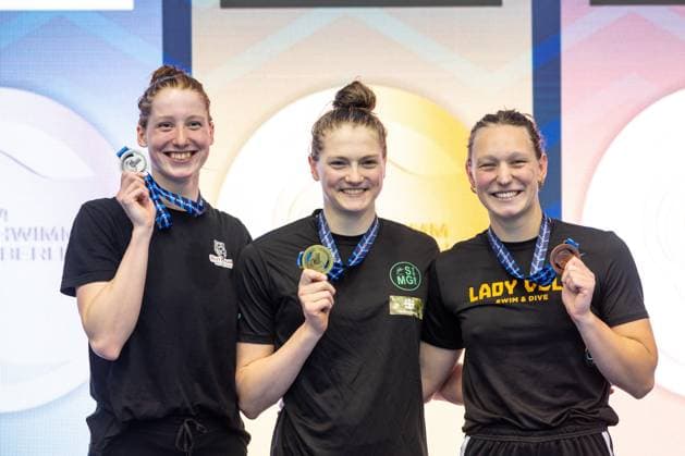 100m freestyle women A final f l n r Nele Schulze SG Neukoelln e V Berlin , Nina Holt SG Moenchengladbach , Julia Mrozinski SCW Eschborn 135 German Swimming Championships 2024, Berlin, Day 2, 26 04 2024 135 German Swimming Championships 2024, Berlin, Day 2, 26 04 2024 Berlin Copyright: xEibner-Pressefoto JadrankoxMarjax EP_JMC