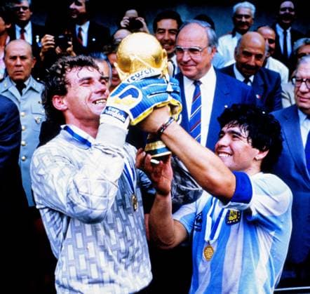 Final the Football World Cup 1986 in Mexico Germany Argentina Diego Maradona and Goalkeeper Nero Pumpido with the World Cup the Final the Football World Cup Germany Argentina in Mexico 1986 Archive Photo
