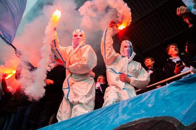 240427 Gefle supporters with pyrotechnics during the Superettan football match between Gefle and Sandviken on April 27, 2024 in Gävle  Copyright: JENSxCARLSSON BB240427JC070