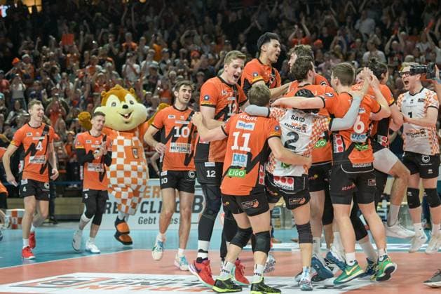 Berlin, Germany 28 April 2024 1 VBL 2023 2024 Final Sp 5 Berlin Recycling Volleys vs VfB Friedrichshafen In the picture, the BR Volleys celebrate winning the German Championship 2023 24 Copyright: xFotostandx xReuhlx