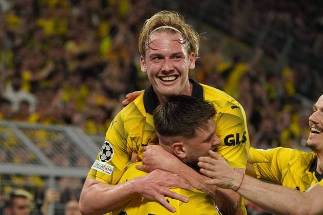 Football, UEFA Champions League season 2023 2024, Semifinal, Semifinal , Borussia Dortmund Paris Saint Germain, Signal Iduna Park Dortmund Niclas Füllkrug , Julian Brandt, both BVB,Goal celebration