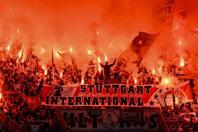 10 05 2024, Augsburg, Germany, WWK Arena, FC Augsburg vs VfB Stuttgart 1 Bundesliga, VfB fans with pyrotechnics Photo H Langer DFB DFL REGULATIONS PROHIBIT ANY USE OF PHOTOGRAPHS AS IMAGE SEQUENCES AND OR QUASI VIDEO Augsburg WWK Arena Germany 541_FCAVFB20240510_160 Langer-541