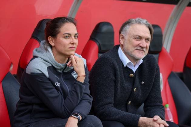 Head coach Sabrina Wittmann FC Ingolstadt 04 with managing director Dietmar Beiersdorfer before the match FC Ingolstadt 04 vs VfB Luebeck on 11 05 2024, DFB regulations prohibit any use of photographs as image sequences and or quasi video GER, Soccer, 3 Liga, Matchday 37, FC Ingolstadt 04 vs VfB Luebeck, 11 05 2024, Audi Sportpark Ingolstadt Copyright: xEibner-Pressefoto OliverxSTRISCHx EP-OSH