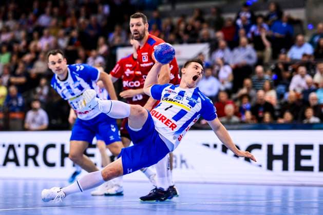 TVB Stuttgart HBW Balingen Handball 1 Bundesliga, Men, Season 2023 2024, TVB Stuttgart HBW Balingen, Porsche Arena Stuttgarts Egon Hanusz in action Stuttgart Porsche Arena Baden Württemberg Germany