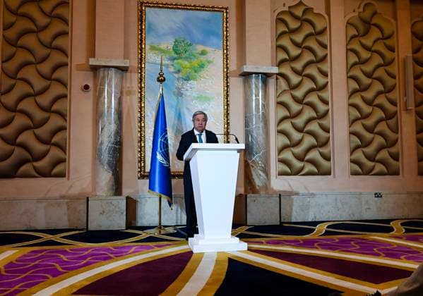 UN Secretary-General Antonio Guterres press conference, PK, Pressekonferenz UN Secretary General, Antonio Guterres, delivers a press statement to media after a meeting of envoys from more than 20 countries on Afghanistan in Doha, Qatar, 02 May 2023. DOHA Qatar Copyright: xNOUSHADx