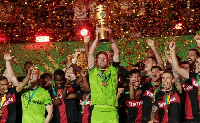 Cup Winner Bayer Leverkusen Goalkeeper Lukas Hradecky with Cup Sport Soccer Football Final DFB Cup 2024 Season 2023 2024 25 05 2024 1 FC Kaiserslautern FCK vs Bayer 04 Leverkusen LEV