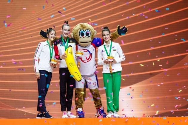 40th European Championships in Rhythmic Gymnastics 26 05 2024 Podium of ribbon final 1 Darja Varfolomeev GER , 2 Sofia Raffaeli ITA, 3 Elvira Krasnobaeva BUL 40th European Championships in Rhythmic Gymnastics on 26 05 2024 in the Papp László Arena in Budapest Hungary Copyright: xBEAUTIFULxSPORTS U.xFassbenderx