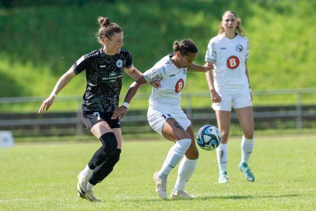 Soccer 2 Womens Bundesliga, Season 2023 2024, Matchday 24, SG 99 Andernach 1 FFC Turbine Potsdam on 12 05 2024 at the Andernach Stadium in Andernach duel between Carolin Schraa SG 99 Andernach, 07 and Adrienne Jordan 1 FFC Turbine Potsdam, 15 Important note In accordance with the regulations of the DFL German Football League and the DFB German Football Association, it is prohibited to use or have used photographs taken in the stadium and or of the match in the form of sequential images and or video-like photo series Foto Kirchner Media TH Copyright: xKirchner-Media THx