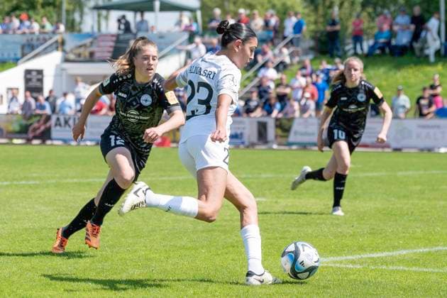 Soccer 2 Womens Bundesliga, Season 2023 2024, Matchday 24, SG 99 Andernach 1 FFC Turbine Potsdam on 12 05 2024 at Andernach Stadium in Andernach Maria Almasri 1 FFC Turbine Potsdam, 23 has won against Leonie Krump SG 99 Andernach, 12 and takes the shot Important note According to the regulations of the DFL German Football League and the DFB German Football Association, it is prohibited to use or have used photographs taken in the stadium and or of the game in the form of sequential images and or video-like photo series Foto Kirchner Media TH Copyright: xKirchner-Media THx