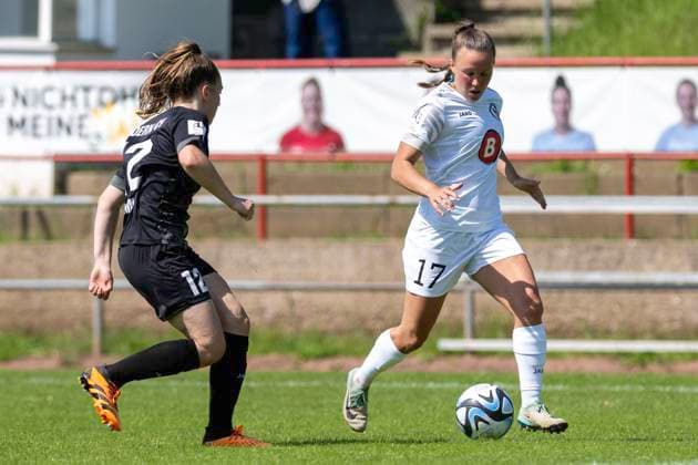 Soccer 2 Womens Bundesliga, Season 2023 2024, Matchday 24, SG 99 Andernach 1 FFC Turbine Potsdam on 12 05 2024 at the Andernach Stadium in Andernach duel between Leonie Krump SG 99 Andernach, 12 and Viktoria Schwalm 1 FFC Turbine Potsdam, 17 Important note In accordance with the regulations of the DFL German Football League and the DFB German Football Association, it is prohibited to utilize or have utilized photographs taken in the stadium and or of the game in the form of sequential images and or video-like photo series Foto Kirchner Media TH Copyright: xKirchner-Media THx