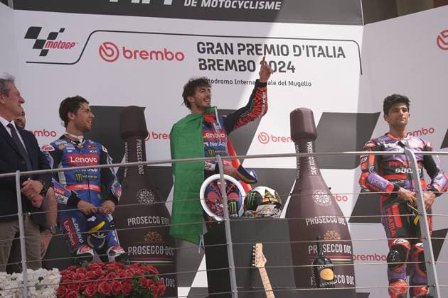 02 06 2024, Autodromo Internazionale del Mugello, Mugello, MotoGP Italian Grand Prix 2024 ,in the picture podium winner Francesco Bagnaia from Italy, Ducati Lenovo Team, 2nd place for Enea Bastianini from Italy, Ducati Lenovo Team, 3rd place for Jorge Martin from Spain, Prima Pramac Racing Defodi 506 20240602 hbr 3641 Defodi-506