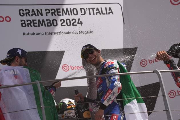 02 06 2024, Autodromo Internazionale del Mugello, Mugello, MotoGP Grand Prix of Italy 2024 ,in the picture podium winner Francesco Bagnaia from Italy, Ducati Lenovo Team, 2nd place for Enea Bastianini from Italy, Ducati Lenovo Team, 3rd place for Jorge Martin from Spain, Prima Pramac Racing Defodi 506 20240602 hbr 3710 Defodi-506