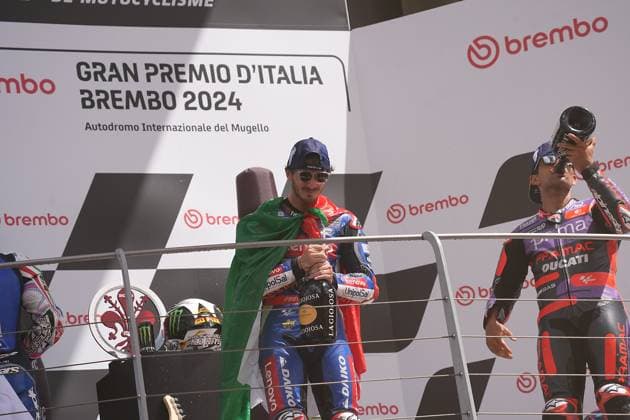 02 06 2024, Autodromo Internazionale del Mugello, Mugello, MotoGP Italian Grand Prix 2024 ,in the picture podium winner Francesco Bagnaia from Italy, Ducati Lenovo Team, 2nd place for Enea Bastianini from Italy, Ducati Lenovo Team, 3rd place for Jorge Martin from Spain, Prima Pramac Racing Defodi 506 20240602 hbr 3742 Defodi-506