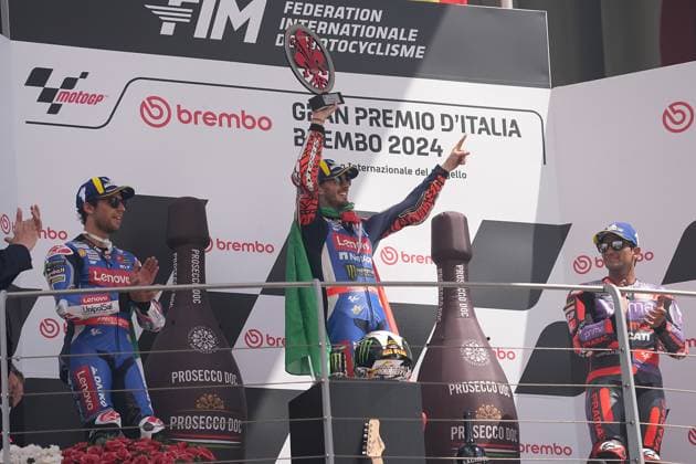02 06 2024, Autodromo Internazionale del Mugello, Mugello, MotoGP Italian Grand Prix 2024 ,in the picture podium winner Francesco Bagnaia from Italy, Ducati Lenovo Team, 2nd place for Enea Bastianini from Italy, Ducati Lenovo Team, 3rd place for Jorge Martin from Spain, Prima Pramac Racing Defodi 506 20240602 hbr 3563 Defodi-506