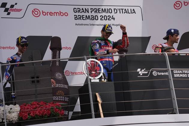 02 06 2024, Autodromo Internazionale del Mugello, Mugello, MotoGP Italian Grand Prix 2024 ,in the picture podium winner Francesco Bagnaia from Italy, Ducati Lenovo Team, 2nd place for Enea Bastianini from Italy, Ducati Lenovo Team, 3rd place for Jorge Martin from Spain, Prima Pramac Racing Defodi 506 20240602 hbr 3839 Defodi-506