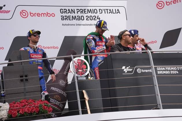 02 06 2024, Autodromo Internazionale del Mugello, Mugello, MotoGP Italian Grand Prix 2024 ,in the picture podium winner Francesco Bagnaia from Italy, Ducati Lenovo Team, 2nd place for Enea Bastianini from Italy, Ducati Lenovo Team, 3rd place for Jorge Martin from Spain, Prima Pramac Racing Defodi 506 20240602 hbr 3843 Defodi-506