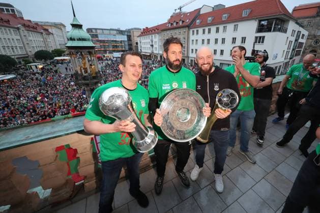 02 06 2024, xtgx, Handball, Liqui Moly HBL, SC Magdeburg Reception at the town hall emspor f l Lars Dammann, Bennet Wiegert Magdeburg, coach , Yves Grafenhorst Magdeburg, co-coach Magdeburg