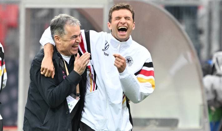 03 06 2024 Soccer international test match friendly match preparation match Germany GER DEU BRD Ukraine UKR xwoxzix Andreas Rettig DFB Managing Director Sport and Thomas Müller happy jubilation joy before the start of the match