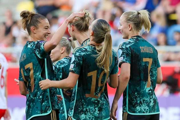 Klara Buehl Germany celebrates her goal for 1 3 with Felicitas Rauch Germany , Alexandra Popp Germany and Lea Schueller Germany , Womens European Qualifiers Group A4, Poland vs Germany, Stadion Miejski w Gdyni, 04 06 2024, Gdynia, Poland