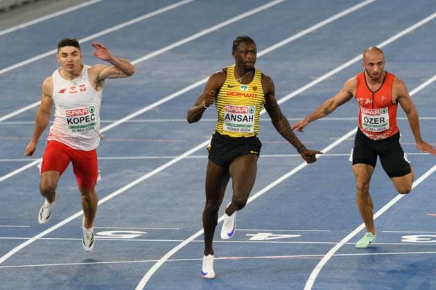 08 06 2024, Rome, Stadio Olimpico, European Athletics Championships, Owen Ansah Germany over the finish line during the 100 meters semi final Copyright: xJustPictures.ch SvenxBeyrichx jp-en-SvBe-20240608-ND5_5086