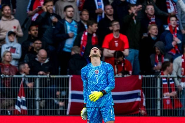 240608 Goalkeeper orjan Haskjold Nyland of Norway looks dejected during the international friendly football match between Denmark and Norway on June 8, 2024 in Brondby Photo Mathilda Ahlberg BILDBYRAN kod MA MA0677 fotboll football soccer fotball träningslandskamp international friendly danmark denmark norge norway bbeng depp  Copyright: MATHILDAxAHLBERG BB240608MA076