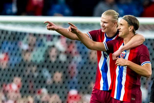 240608 Erling Braut Haaland and Erik Botheim of Norway after the international friendly football match between Denmark and Norway on June 8, 2024 in Brondby Photo Mathilda Ahlberg BILDBYRAN kod MA MA0677 fotboll football soccer fotball träningslandskamp international friendly danmark denmark norge norway bbeng  Copyright: MATHILDAxAHLBERG BB240608MA086