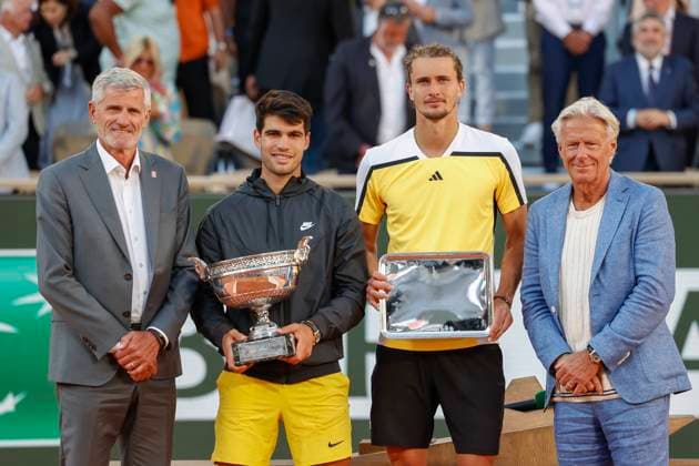 FFT President Gilles Moretton, Carlos Alcaraz ESP with the cup, trophy, finalist Alexander Zverev and tennis legend Bjorn Borg, award ceremony, presentation Tennis French Open 2024 Roland Garros Paris France 9 June 2024 Copyright: xJuergenxHasenkopfx