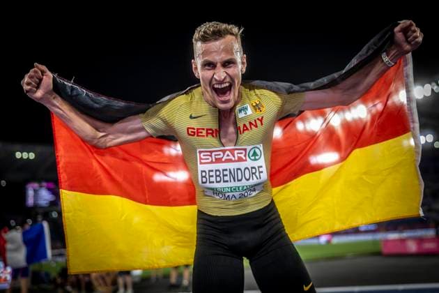 European Athletics Championships Rome, 10 06 2024 Karl BEBENDORF GER wins bronze in the 3000m steeplechase and shouts his joy European Athletics Championships on 10 06 24 in Rome, Italy Copyright: xBEAUTIFULxSPORTS AxelxKohringx