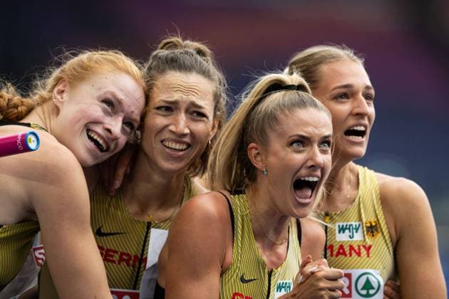 240611 Team of Germany celebrates after women s 4x400 meters during day 5 of the 2024 European Athletics Championships on June 11, 2024 in Rome Photo Vegard Grott BILDBYRAN kod VG VG0621 bbeng friidrott athletics friidrett friidrotts em em friidretts em 2024 european athletics championships jubel stafett relay  Copyright: VEGARDxGRoTT BB240611VG063