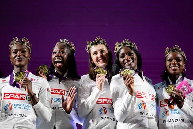 240612 Dina Asher Smith, Desiree Henry, Amy Hunt and Daryll Neita of Great Britain celebrate on the podium after women?s 4x100 meters relay final during day 6 of the 2024 European Athletics Championships on June 12, 2024 in Rome Photo Joel Marklund BILDBYRAN kod JM VG0622 bbeng friidrott athletics friidrett friidrotts em em friidretts em 2024 european athletics championships jubel  Copyright: JOELxMARKLUND BB240612JM134_20240613