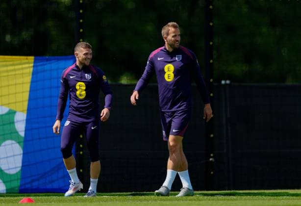 Harry Kane and Kieran Trippier of England England Training Session and press conference, PK, Pressekonferenz UEFA European Championship, EM, Europameisterschaft 2024, Group C, Football, Spa & Golf Resort Weimarer Land, Blankenhain, Germany, 13 Jun 2024 EDITORIAL USE ONLY No use with unauthorised audio, video, data, fixture lists, club league logos or live services. Online in-match use limited to 120 images, no video emulation. No use in betting, games or single club league player publications. Copyright: xDavexShopland Shutterstockx 14523765co
