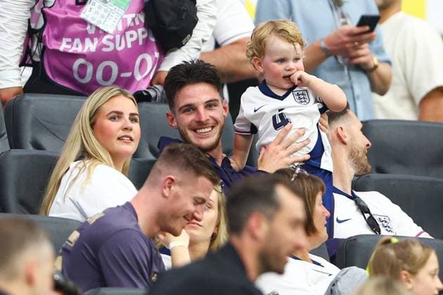 Declan Rice of England and their partner Lauren Fryer Denmark v England, UEFA European Championship, EM, Europameisterschaft 2024, Group C, Football, Frankfurt Arena, Frankfurt, Germany, 20 Jun 2024 EDITORIAL USE ONLY No use with unauthorised audio, video, data, fixture lists, club league logos or live services. Online in-match use limited to 120 images, no video emulation. No use in betting, games or single club league player publications. Copyright: xKieranxMcManus Shutterstockx 14543690gh