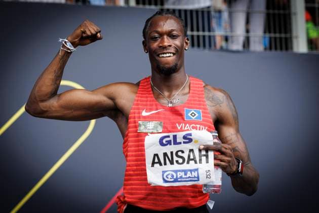 German Athletics Championships Braunschweig, 29 06 2024 Owen Ansah Hamburger SV wins the 100m in a new German record of 9.99s German Athletics Championships on 29 06 2024 at Eintracht Stadium, Braunschweig Lower Saxony Copyright: xBEAUTIFULxSPORTS AxelxKohringx