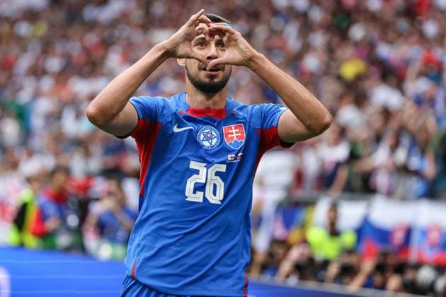 Euro 2024 England Slovakia on 30 06 2024 in the Arena AufSchalke in Gelsenkirchen Cheering, goal celebration, goal scorer Ivan Schranz Slovakia, 26 cheers after his goal for 0 to 1 MH
