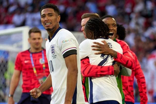 Jude Bellingham of England celebrates the semifinals qualification after the UEFA EURO, EM, Europameisterschaft,Fussball 2024 quarter finals match between England and Switzerland at Dusseldorf Arena on July 6, 2024 in Dusseldorf, Germany (Photo by Camilla Stolen Imago) Dusseldorf Germany Copyright: xCamillaxStolenx L2170724