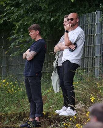 05 07 2024, Football, Men, Test match, Season 2024 2025, SV 07 Elversberg FC Swift Hesperingen, Head of Development Mike Frantz SV 07 Elversberg , Scout David Blacha SV 07 Elversberg and Sports Director Nils Ole Book SV 07 Elversberg Friedrichsthal Sportanlage am Franzschacht Saarland Germany EN Copyright: xFabianxKleerx
