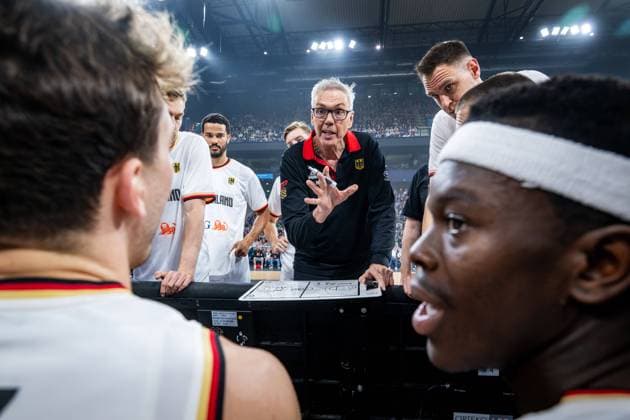 Basketball Hamburg 13 07 2024 Preparation for the Olympics Paris 2024 Test match DBB international match Germany GER Netherlands NED Gordon Herbert Germany, national coach Franz Wagner Germany, No 09 Dennis Schröder Schroeder Germany, No 17 Schröder Schroder and others