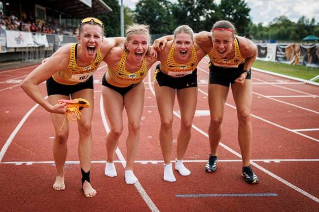 Thorpe Cup Wetzlar, 21 07 2024 The victorious womens heptathlon, from l Jenna Fee Feyerabend GER , Serina Riedel GER , Marie Dehning GER , Lucie Kienast GER Thorpe Cup on 21 07 2024 in Wetzlar Stadium Hesse Copyright: xBEAUTIFULxSPORTS AxelxKohringx