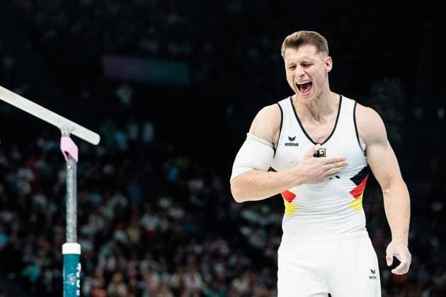FRA, Paris, Olympic Games Paris 2024, 27 07 2024, Apparatus Gymnastics Men Qualification and Bercy Arena Lukas Dauser Germany, bib number 138 on parallel bars, cheers Copyright: HMBxMedia SteffiexWunderl