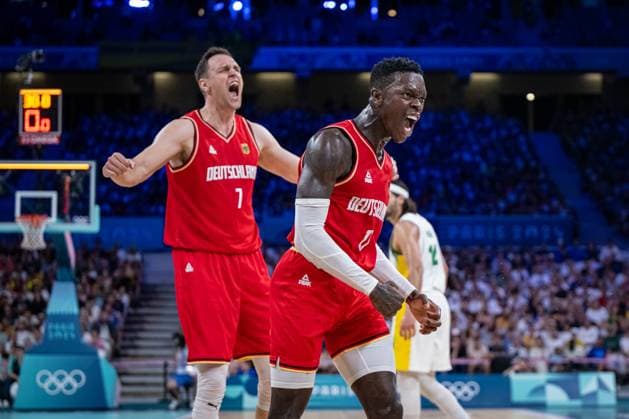 Olympic Games Paris 2024 Basketball Lille 30 07 2024 Preliminary round Men Men Brazil BRA Germany GER Dennis Schröder Schroeder Germany, No 17 Schröder Schroder Johannes Voigtmann Germany, No 07 Jubel