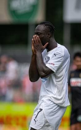 Soccer, Season 2024 2025, Regionalliga West, 03 08 2024, 02 Matchday, Men, 1 FC Bocholt white vs Fortuna Koeln black Raphael Assibey Mensah 1 FC Bocholt , Bocholt Stadion am Huenting Nordrhein Westfalen Germany 240803_fb_1fc-bocholt_fortuna-koeln_31768