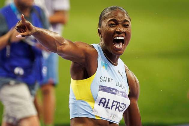 Olympic Games Athletics Paris, 03 08 2024 ALFRED Julien Saint Lucia wins the womens 100m Olympic Games Athletics on 03 08 2024 at the Stade de France in Paris France Copyright: xBEAUTIFULxSPORTS AxelxKohringx
