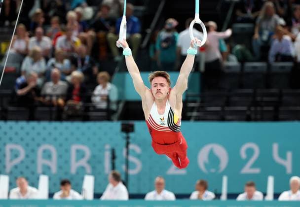 Belgian gymnast Glen Cuyle pictured during a warming up ahead of the men s rings final of the gymnastics competition at the Paris 2024 Olympic Games, Olympische Spiele, Olympia, OS on Sunday 04 August 2024 in Paris, France. The Games of the XXXIII Olympiad are taking place in Paris from 26 July to 11 August. The Belgian delegation counts 165 athletes competing in 21 sports. BENOITxDOPPAGNE  x97774948x