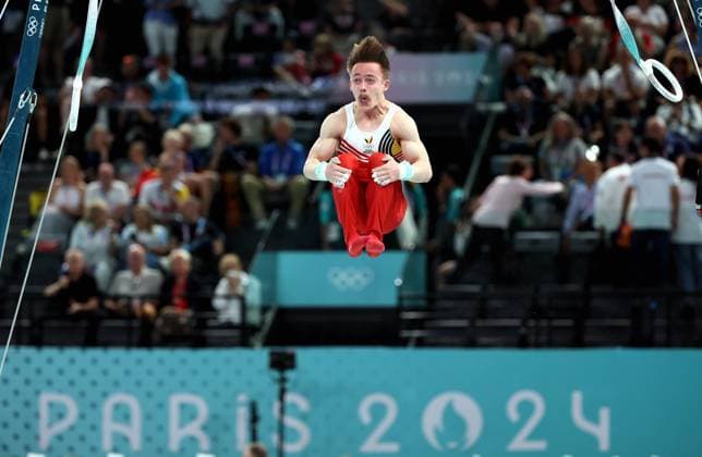 Belgian gymnast Glen Cuyle pictured during a warming up ahead of the men s rings final of the gymnastics competition at the Paris 2024 Olympic Games, Olympische Spiele, Olympia, OS on Sunday 04 August 2024 in Paris, France. The Games of the XXXIII Olympiad are taking place in Paris from 26 July to 11 August. The Belgian delegation counts 165 athletes competing in 21 sports. BENOITxDOPPAGNE  x97775002x