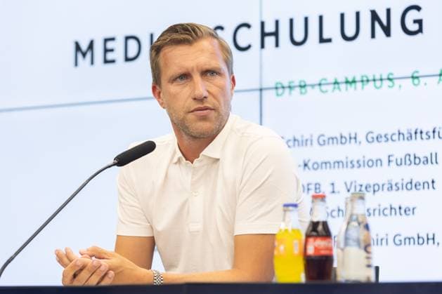 Press conference media training referee Markus Krösche DFL Commission Football speaks during the media training Press conference media training referee on August 6, 2024 in Frankfurt am Main , Frankfurt am Main Hessen Germany DFB Campus
