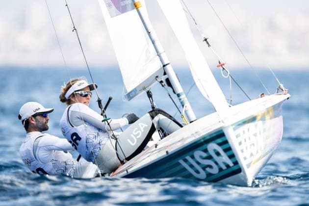 240806 Stu McNay and Lara Dallman Weiss of United States compete in mixed dinghy 470 sailing during day 11 of the Paris 2024 Olympic Games on August 6, 2024 in Marseille Photo Petter Arvidson BILDBYRAN kod PA PA0863 bbeng segling sailing olympic games olympics os olympiska spelen olympiske leker paris 2024 paris os paris ol  Copyright: PETTERxARVIDSON BB240806PA075