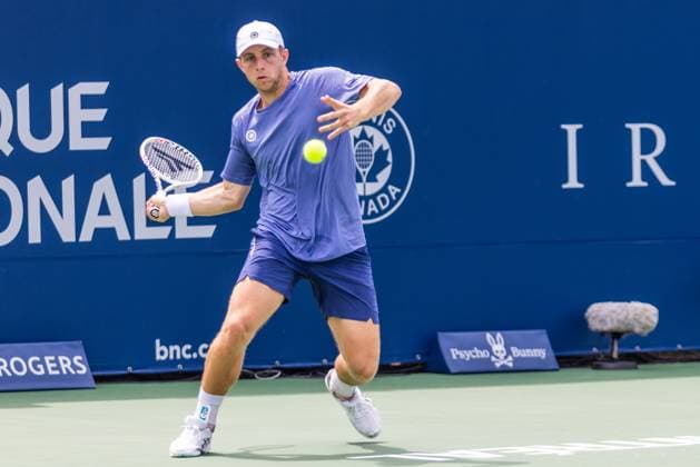 August 6, 2024, Montreal, Quebec, Canada: TALON GRIEKSPOOR from Netherlands returning ball against Lorenzo Sonego from Italia in third set in first round at National bank open at IGA Stadium in Montreal, Quebec, Canada on 2024-08-06 Montreal Canada - ZUMAl189 20240806_zsp_l189_018 Copyright: xYannickxLegarex